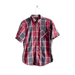 Billabong Mens Short Sleeves Button-Down Shirt Red Gray Plaid Size XL